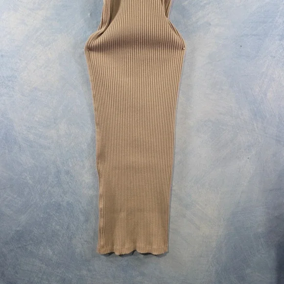 HM Ribbed Knit Midi Dress Tan Beige Sleeveless Bodycon Scoop Neck XS - Picture 7 of 8